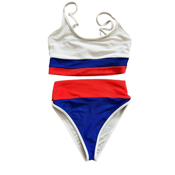 Beach Riot Swimsuit Bikini Beach Swim Surf S M Blocked Rib Red Blue White - Picture 1 of 7